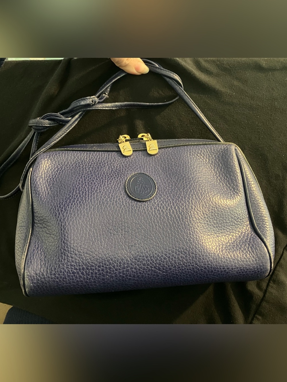 Pebbled Leather Shoulder Bag in Navy with Gold Hardware